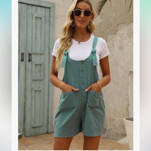 Women's Teal/Green Cotton Linen Romper Overalls - Picture 1 of 5